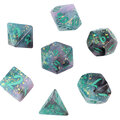Zestaw 7 żywicznych kości RPG o zaokrąglonych krawędziach ze wzorem miętowo-szarego dymu i błyszczącymi drobinkami | Żywiczne Kości Spectral Mint Lume Design