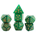 Zestaw 7 akrylowych kości RPG w zielonym kolorze ze złotymi gwiazdkami i cyframi | Akrylowe Kości Emerald Stars Lume Design