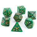 Zestaw 7 akrylowych kości RPG w zielonym kolorze ze złotymi gwiazdkami i cyframi | Akrylowe Kości Emerald Stars Lume Design