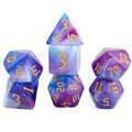 Zestaw 7 akrylowych kości RPG o zaokrąglonych krawędziach ze wzorem dymu w odcieniach fioletu, błękitu i bieli | Akrylowe Kości Twilight Mist Lume Design
