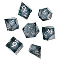 Zestaw 7 kości RPG Liquid Core ze srebrnym brokatem i ostrymi krawędziami | Kości RPG Shadow Quicksilver