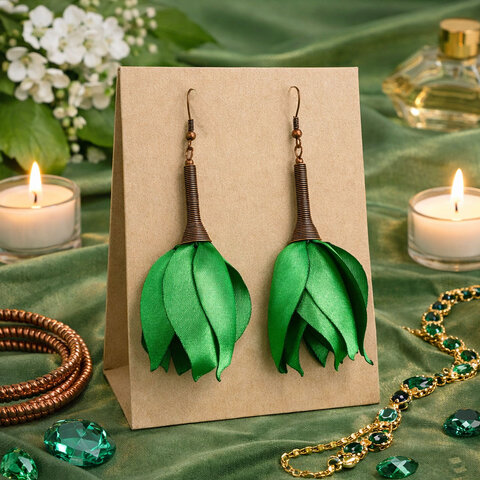 Długie Kolczyki Kwiaty Zielone Satynowe Antyczna Miedź – Lume Design