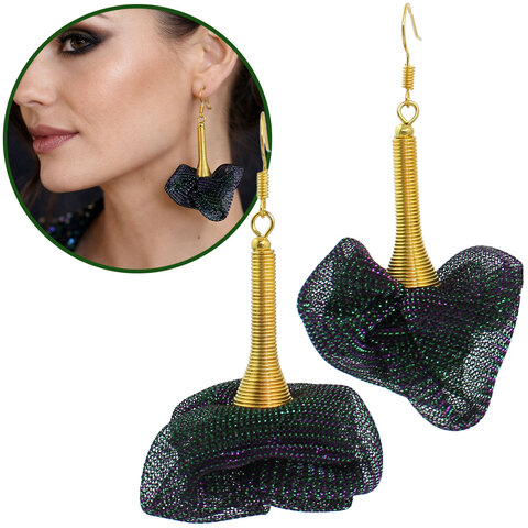 Kolczyki kwiaty Lume Design mieniąca siateczka zielono-fioletowa złota