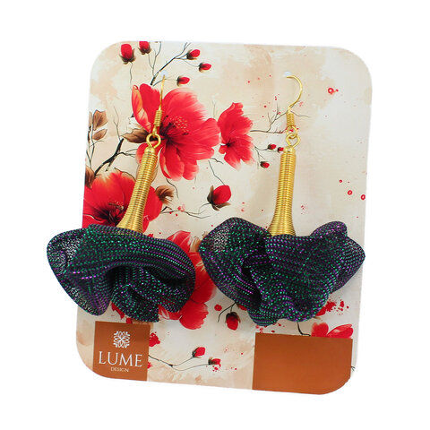 Kolczyki kwiaty Lume Design mieniąca siateczka zielono-fioletowa złota