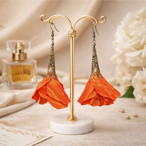 Długie kolczyki kwiaty Lume Design pomarańczowe żółte antyczny brąz