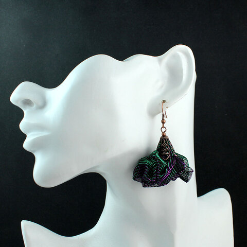 Ultralekkie kolczyki kwiaty Lume Design duochrom zielony fiolet siateczka miedź