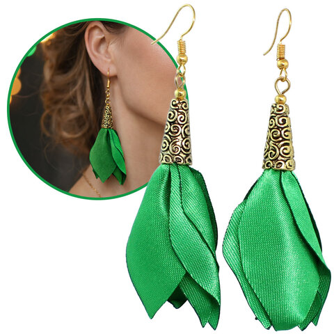 Długie kolczyki kwiaty Lume Design zielone satynowe antyczne złoto Długie kolczyki kwiaty Lume Design zielone satynowe antyczne złoto