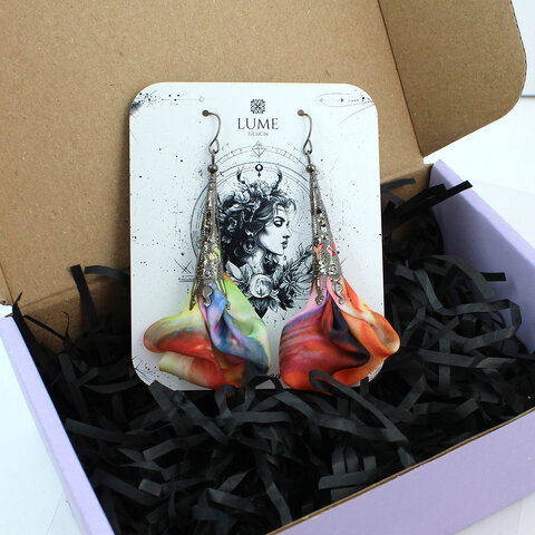 Unikatowe kolczyki kwiaty Lume Design multikolor pofarbowana tkanina gunmetal