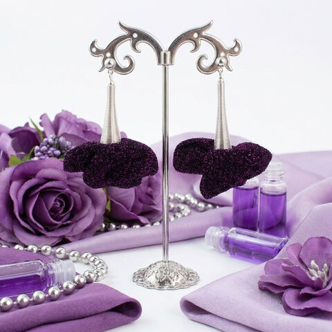 Kolczyki z tkaniny fioletowe błyszczące lekkie handmade asymetryczne