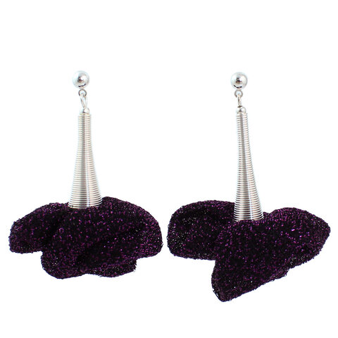 Kolczyki z tkaniny fioletowe błyszczące lekkie handmade asymetryczne