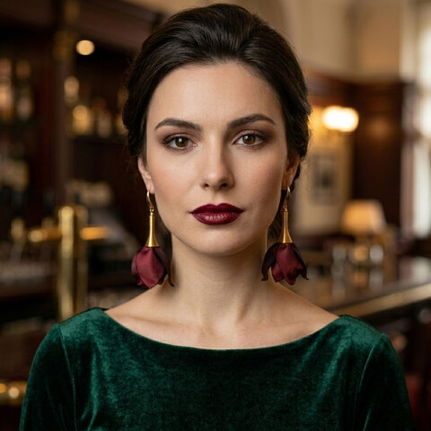 Długie, wiszące kolczyki w kształcie kwiatów uformowanych z asymetrycznych płatków tkaniny w kolorze ciemnym burgundowym