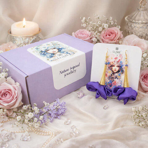 Długie kolczyki kwiaty fioletowe satynowe złote bigle Lume Design