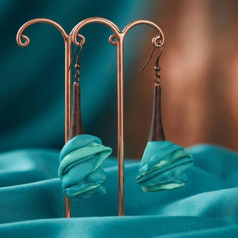 Długie turkusowe kolczyki kwiaty z miedzianym spiralnym wykończeniem Długie turkusowe kolczyki kwiaty z miedzianym spiralnym wykończeniem
