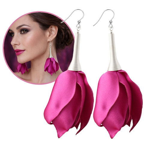 Długie, różowe kolczyki materiałowe fuksja z satynowych płatków kwiatów, srebrne zapięcia