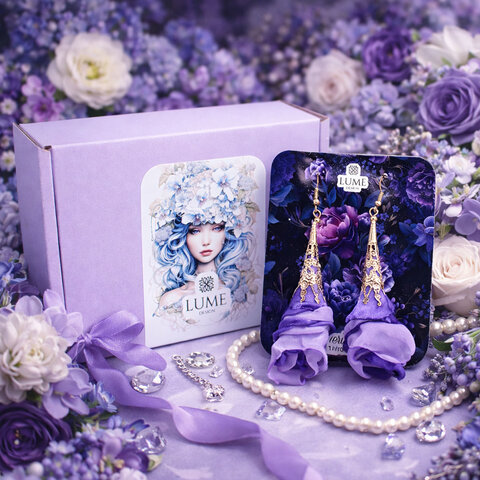 Kolczyki z tkaniny fioletowe ażurowe kwiaty złote KC gold – Lume Design