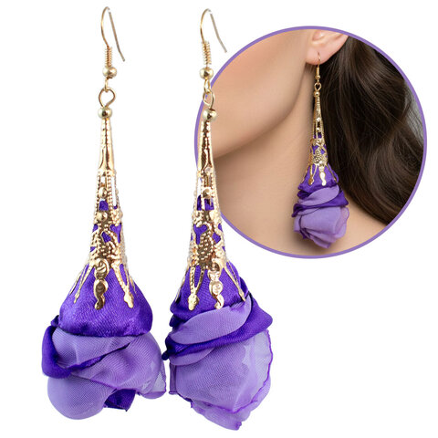 Kolczyki z tkaniny fioletowe ażurowe kwiaty złote KC gold – Lume Design