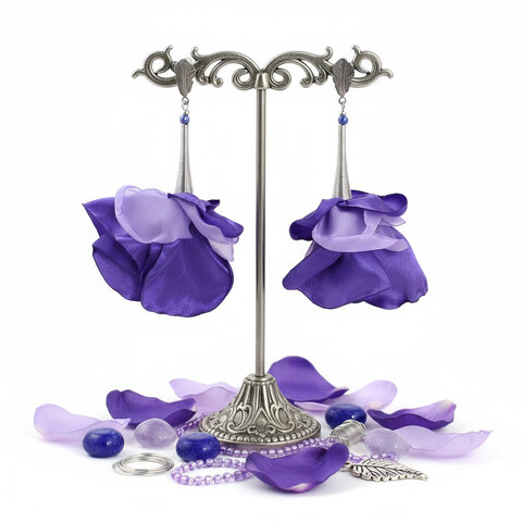 Duże kolczyki z tkaniny fioletowe kwiaty awangardowe srebrne handmade