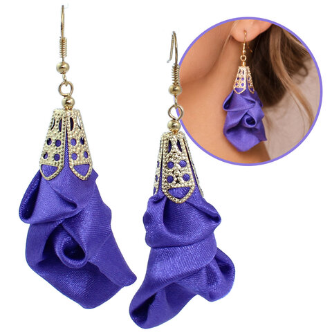 Kolczyki z tkaniny fioletowo granatowe ażurowe kwiaty złote – Lume Design