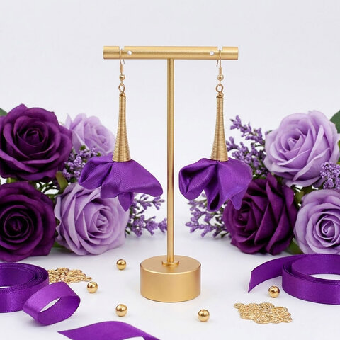 Kolczyki z tkaniny fiolet biskupi długie kwiaty złote KC gold – Lume Design