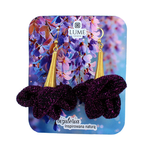 Kolczyki z tkaniny ciemny fiolet połyskujące złote długie – Lume Design