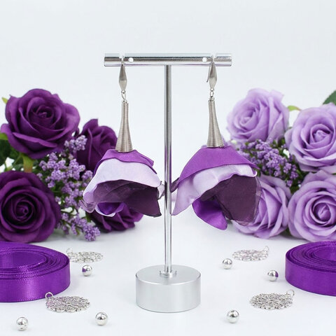 Kolczyki z tkaniny fioletowe długie kwiaty ciemne srebro stal