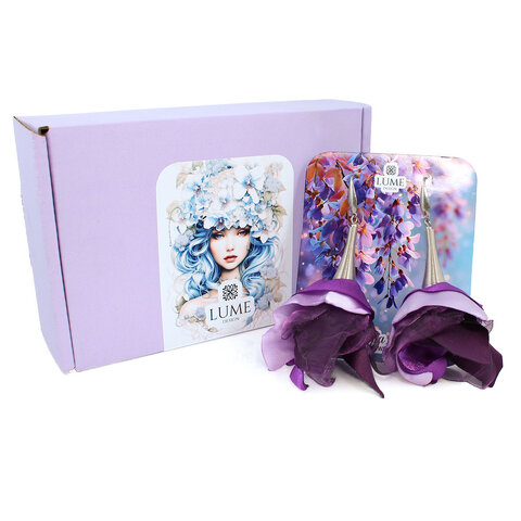 Kolczyki z tkaniny fioletowe długie kwiaty ciemne srebro stal