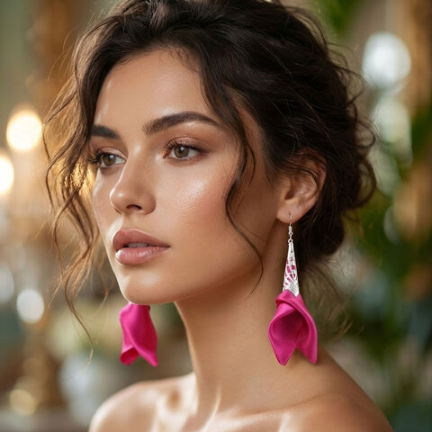 Długie, różowe kolczyki materiałowe w kolorze fuksji z ażurowym srebrnym wykończeniem Długie, różowe kolczyki materiałowe w kolorze fuksji z ażurowym srebrnym wykończeniem