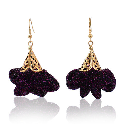 Kolczyki z tkaniny ciemny fiolet brokat złote wykończenia – Lume Design