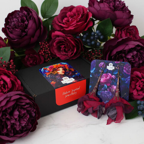 Kolczyki z tkaniny fiolet malinowy kwiaty witchy gothic – Lume Design