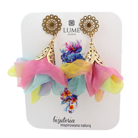 Kolczyki z tkaniny kolorowe lekkie kwiaty handmade pastelowe złote