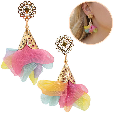 Kolczyki z tkaniny kolorowe lekkie kwiaty handmade pastelowe złote