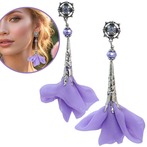 Kolczyki z tkaniny lawendowe wrzosowe długie lekkie handmade ażurowe