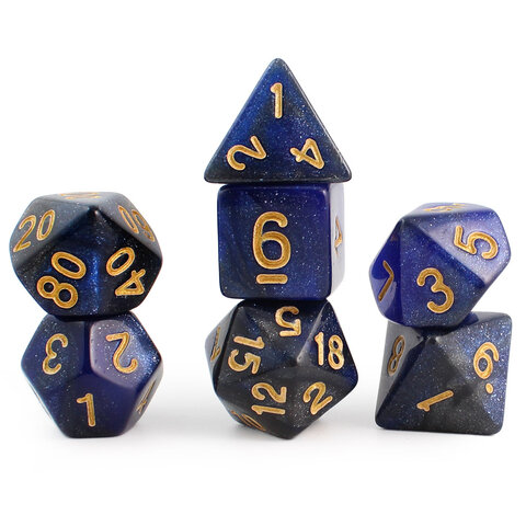 Zestaw 7 klasycznych akrylowych kości RPG w kolorze granatowym z brokatem i złotymi cyframi | Akrylowe Kości Sapphire Dust Lume Design