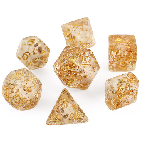 Zestaw 7 biało-złotych kości RPG z żywicy o zaokrąglonych krawędziach | Kości Żywiczne Outlet Veiled Skulls Lume Design