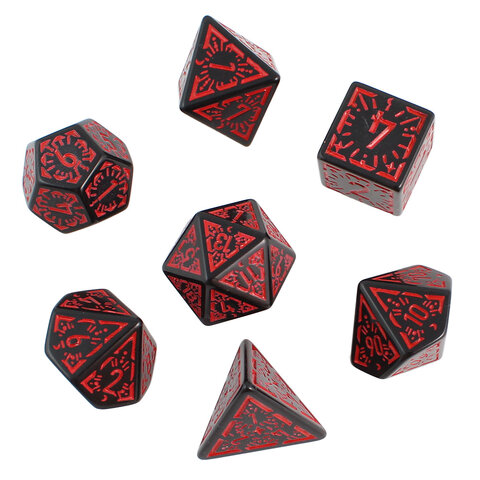 Zestaw 7 czarnych akrylowych kości RPG z czerwonymi runami, ramkami i cyframi | Akrylowe Kości Infernal Runes Lume Design Zestaw 7 czarnych akrylowych kości RPG z czerwonymi runami, ramkami i cyframi | Akrylowe Kości Infernal Runes Lume Design