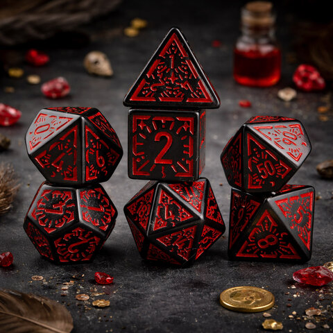 Zestaw 7 czarnych akrylowych kości RPG z czerwonymi runami, ramkami i cyframi | Akrylowe Kości Infernal Runes Lume Design Zestaw 7 czarnych akrylowych kości RPG z czerwonymi runami, ramkami i cyframi | Akrylowe Kości Infernal Runes Lume Design