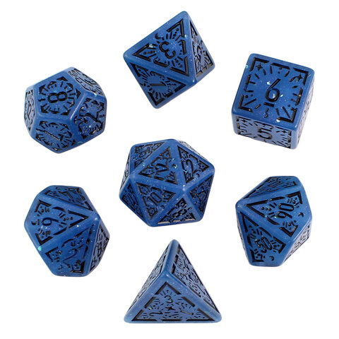 Zestaw 7 granatowych akrylowych kości RPG z czarnymi runami, ramkami i cyframi | Akrylowe Kości Abyssal Runes Lume Design