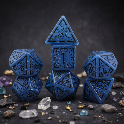 Zestaw 7 granatowych akrylowych kości RPG z czarnymi runami, ramkami i cyframi | Akrylowe Kości Abyssal Runes Lume Design