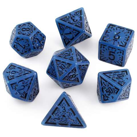 Zestaw 7 granatowych akrylowych kości RPG z czarnymi runami, ramkami i cyframi | Akrylowe Kości Abyssal Runes Lume Design