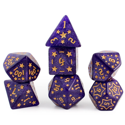 Zestaw 7 akrylowych kości RPG o zaokrąglonych krawędziach w kolorze fioletowym ze złotymi gwiazdkami | Akrylowe Kości Amethyst Stars Lume Design