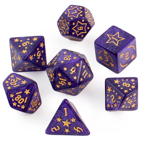 Zestaw 7 akrylowych kości RPG o zaokrąglonych krawędziach w kolorze fioletowym ze złotymi gwiazdkami | Akrylowe Kości Amethyst Stars Lume Design