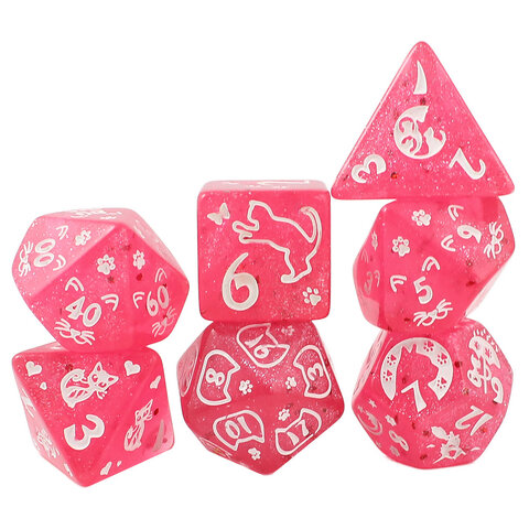 Zestaw malinowych kości wielościennych Cat Magic z brokatem i wzorem w urocze koty.