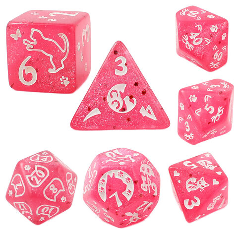 Zestaw malinowych kości wielościennych Cat Magic z brokatem i wzorem w urocze koty.
