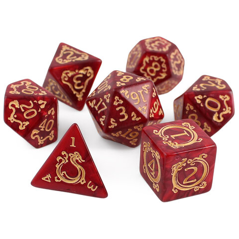 Zestaw 7 akrylowych kości RPG o zaokrąglonych krawędziach w kolorze czerwonego marmuru ze zdobieniami smoków | Akrylowe Kości Dragon's Ruby Lume Design