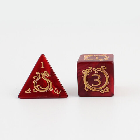 Zestaw 7 akrylowych kości RPG o zaokrąglonych krawędziach w kolorze czerwonego marmuru ze zdobieniami smoków | Akrylowe Kości Dragon's Ruby Lume Design