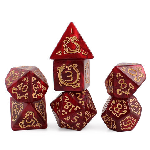 Zestaw 7 akrylowych kości RPG o zaokrąglonych krawędziach w kolorze czerwonego marmuru ze zdobieniami smoków | Akrylowe Kości Dragon's Ruby Lume Design