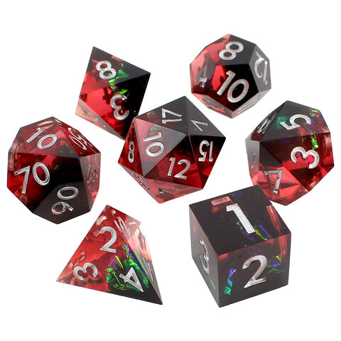 Zestaw 7 kości RPG z żywicy z ostrymi krawędziami w kolorze czarno-czerwonym z folią holograficzną | Kości RPG Void Reaper Lume Design
