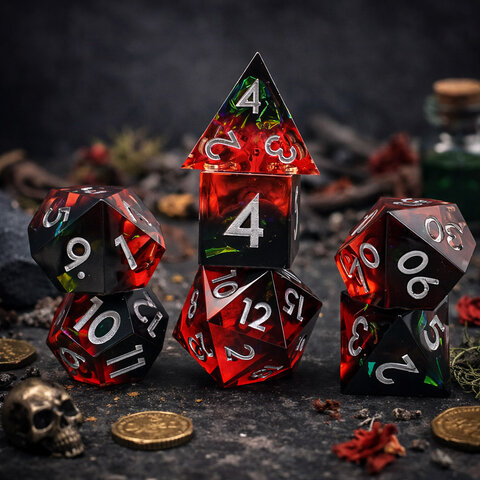 Zestaw 7 kości RPG z żywicy z ostrymi krawędziami w kolorze czarno-czerwonym z folią holograficzną | Kości RPG Void Reaper Lume Design