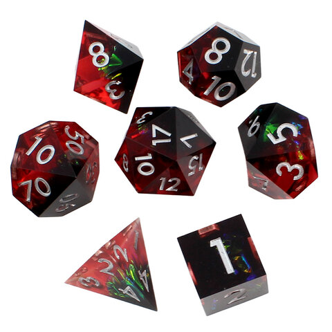 Zestaw 7 kości RPG z żywicy z ostrymi krawędziami w kolorze czarno-czerwonym z folią holograficzną | Kości RPG Void Reaper Lume Design