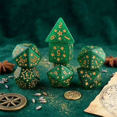 Zestaw 7 akrylowych kości RPG w zielonym kolorze ze złotymi gwiazdkami i cyframi | Akrylowe Kości Emerald Stars Lume Design